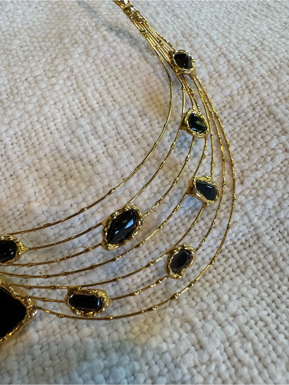 Vintage 80s Asymmetrical Black Enamel Gold Wire Bib Collar Necklace Gala Fancy